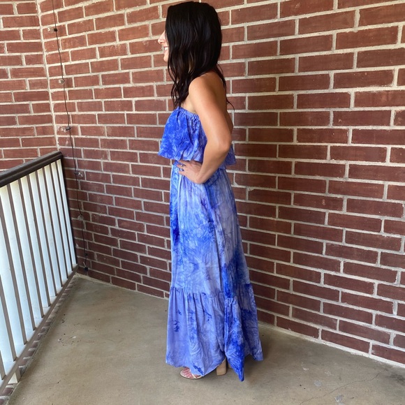 Strapless Blue Tie Dye Maxi Dress - Picture 3 of 11